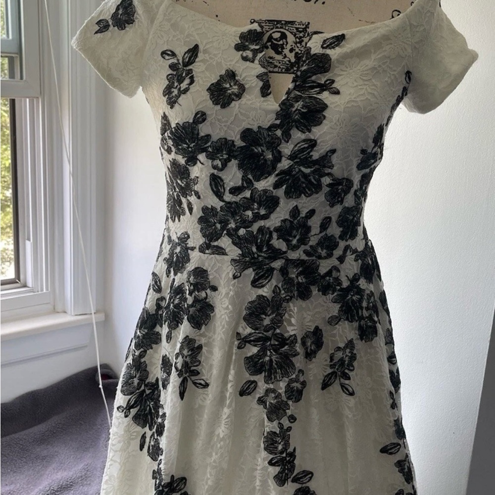 Xscape Black Floral on White Lace Mini Dress
